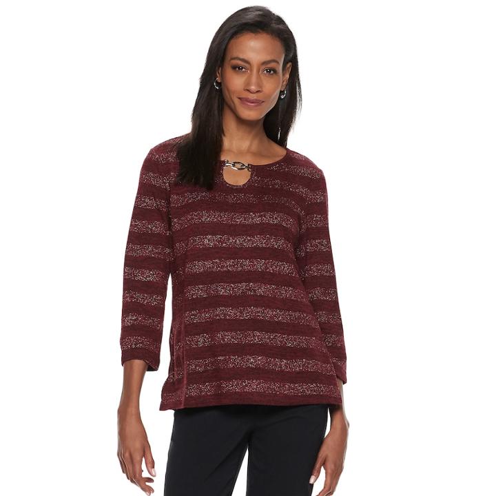 Women's Cathy Daniels Lurex-stripe Keyhole Top, Size: Large, Dark Red