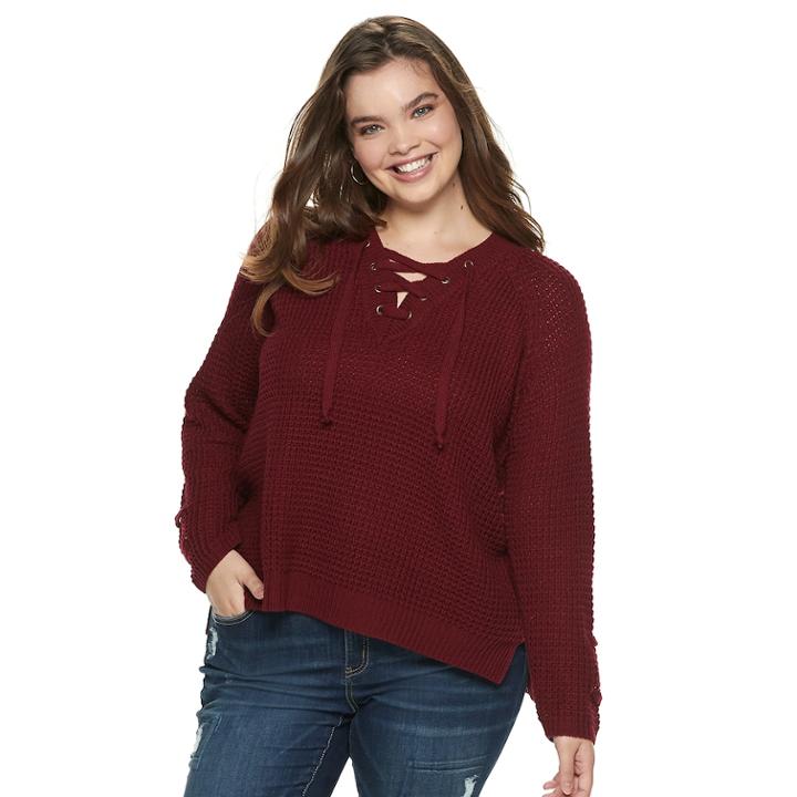 Juniors' Plus Size It's Our Time Lace-up Sweater, Teens, Size: 1xl, Dark Red