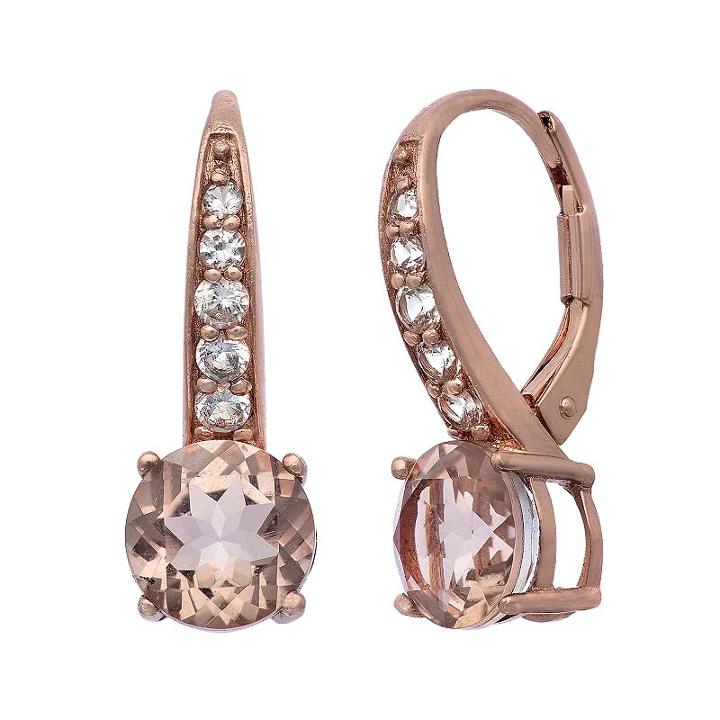 Pink Quartz Doublet And Lab-created White Sapphire 14k Rose Gold Over Silver Drop Earrings, Women's