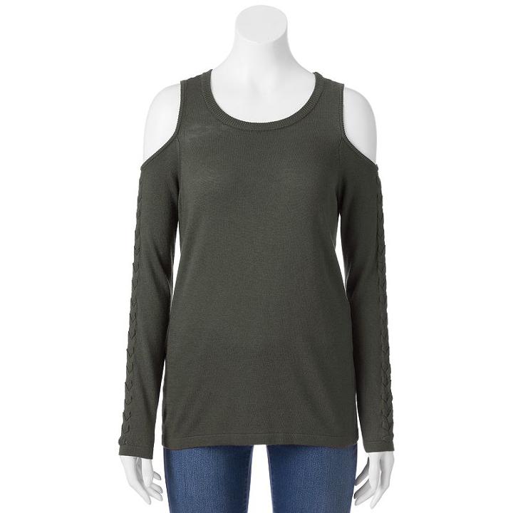 Juniors' Pink Republic Lace-up Cold Shoulder Sweater, Teens, Size: Medium, Green Oth