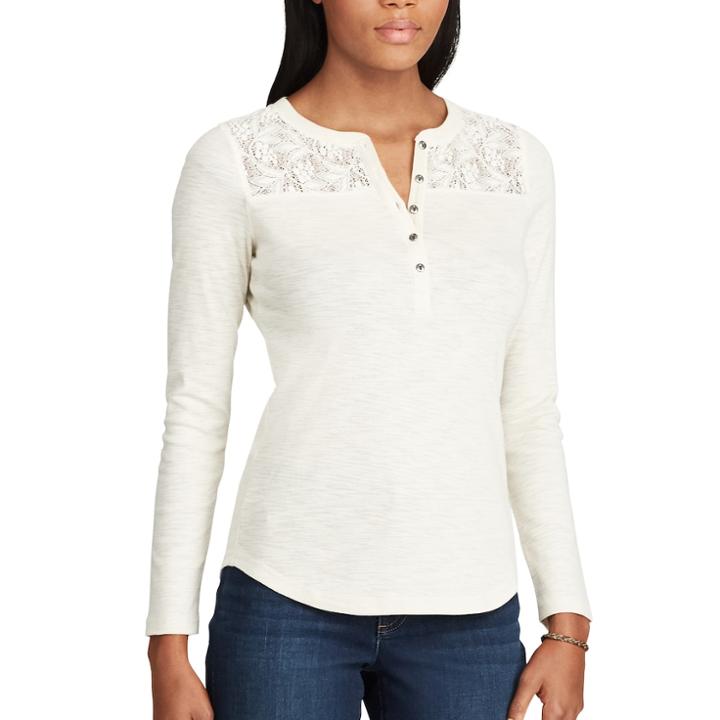 Women's Chaps Lace-trim Henley Shirt, Size: Large, White