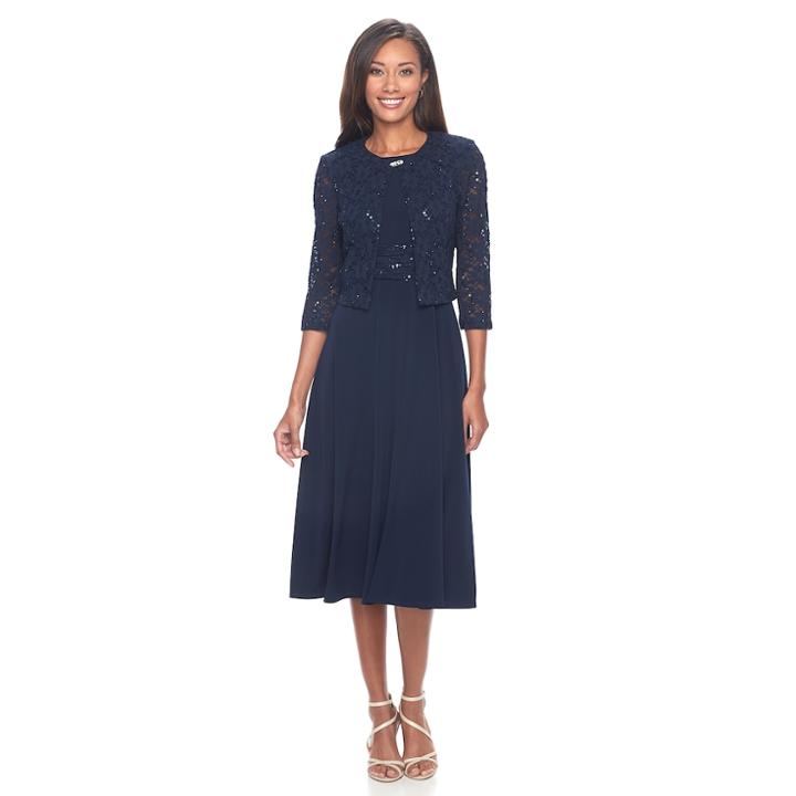 Women's Jessica Howard Sequin Swing Dress & Jacket Set, Size: 10, Blue (navy)