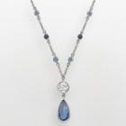 North Carolina Tar Heels Silver Tone Crystal Logo Teardrop Y Necklace, Women's, Blue