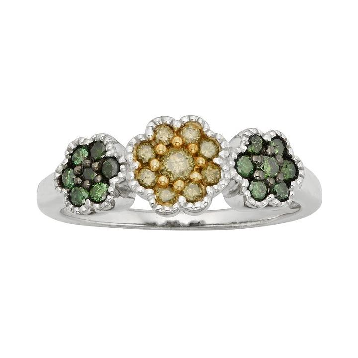 Sterling Silver 1/2-ct. T.w. Green And Yellow Diamond Flower Ring, Women's, Size: 6, Multicolor