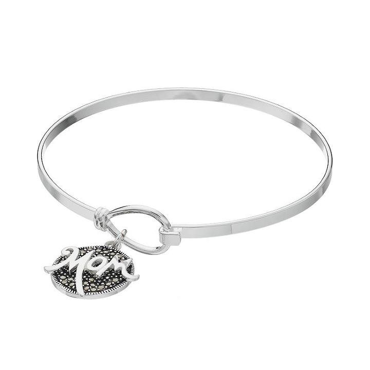 Silver Luxuries Marcasite Mom Charm Bangle Bracelet, Women's, Grey