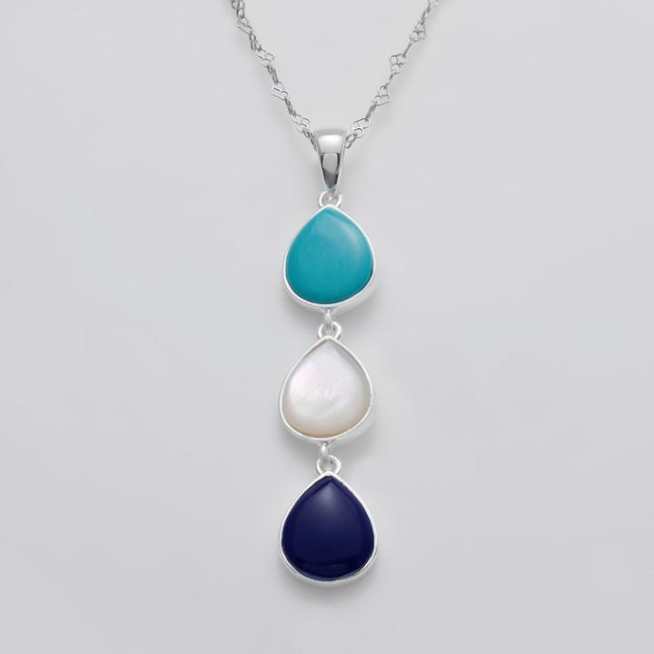 Sterling Silver Simulated Turquoise, Mother-of-pearl And Simulated Lapis Linear Teardrop Pendant, Women's, Blue