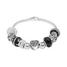Individuality Beads Sterling Silver Snake Chain Bracelet And Crystal Heart Lock Bead Set, Women's, Black