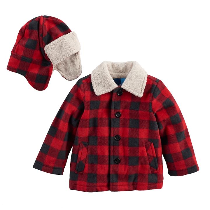 Baby Boy Great Guy Buffalo Plaid & Sherpa Heavyweight Jacket & Trapper Hat Set, Size: 12 Months, Brt Red