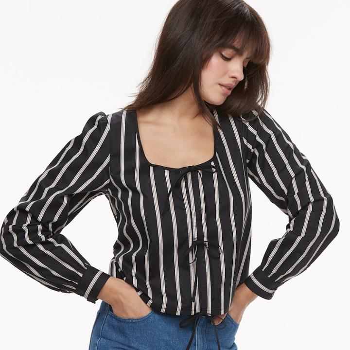 K/lab Tie Front Striped Top, Teens, Size: Large, Black