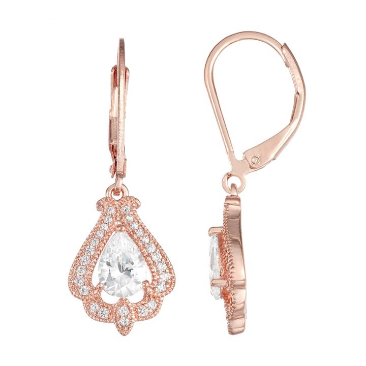 Cubic Zirconia Rose Gold Pear Cut Drop Earrings, Women's, White