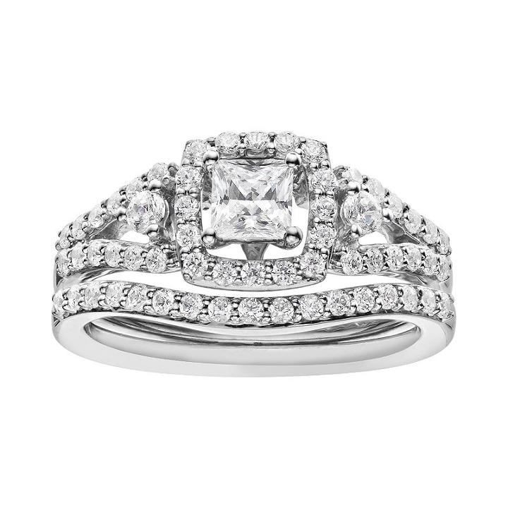 14k White Gold 1 Carat T.w. Igl Certified Diamond Tiered Square Engagement Ring Set, Women's, Size: 9