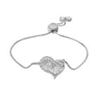Intertwined Sterling Silver Cubic Zirconia Two Stone Heart Adjustable Bracelet, Women's, Size: 7, White