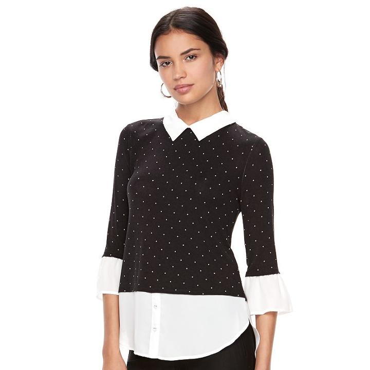 Women's Elle&trade; Mock-layer Bell Sleeve Top, Size: Small, Black