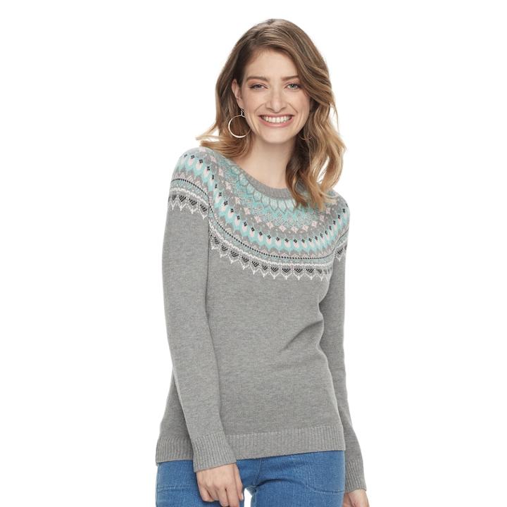 Women's Croft & Barrow&reg; Fairisle Crewneck Sweater, Size: Medium, Light Grey