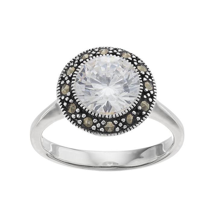 Silver Luxuries Cubic Zirconia & Marcasite Halo Ring, Women's, Size: 9, Grey