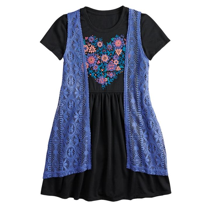 Girls 7-16 Mudd&reg; Crocheted Vest & Knit Dress Set, Size: L/12, Black
