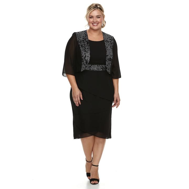 Plus Size Le Bos Tiered Georgette Evening Gown & Jacket Set, Women's, Size: 16 W, Black