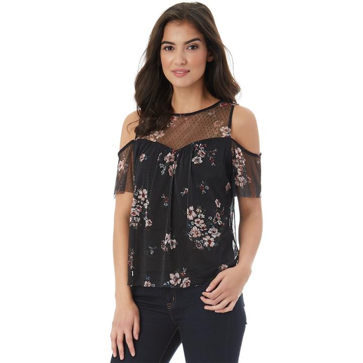 Juniors' Iz Byer Floral Cold Shoulder Top, Teens, Size: Xs, Black Floral