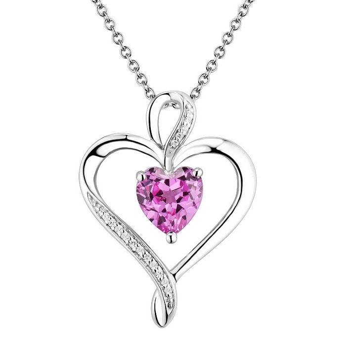 Two Hearts Forever One Sterling Silver Lab-created Pink Sapphire And Diamond Accent Ribbon Heart Pendant, Women's, Size: 18