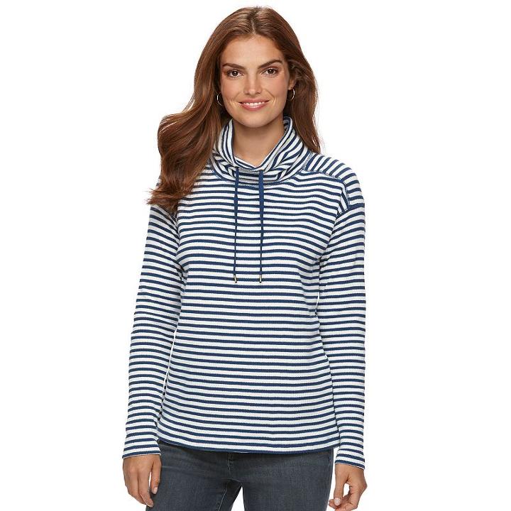 Chaps Striped Cowlneck Sweatshirt - Women's, Size: Large, Blue