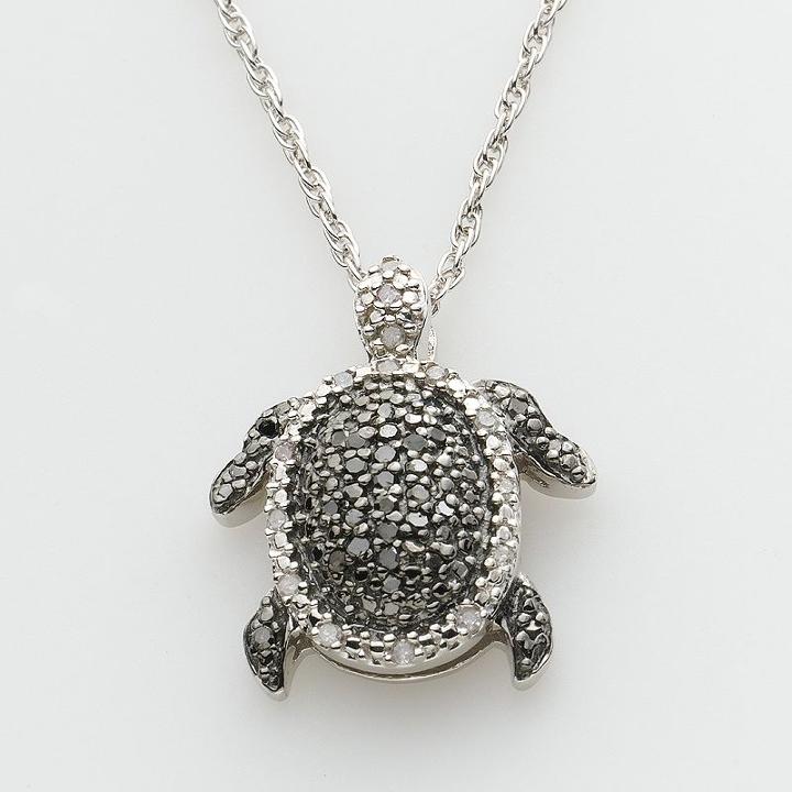 Sterling Silver 1/4-ct. T.w. Round-cut Black And White Diamond Turtle Pendant, Women's