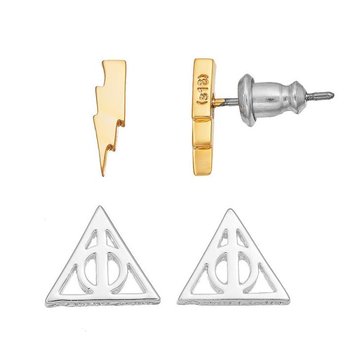 Harry Potter Sign Of The Deathly Hallows & Lightning Bolt Stud Earrings, Gold