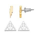 Harry Potter Sign Of The Deathly Hallows & Lightning Bolt Stud Earrings, Gold