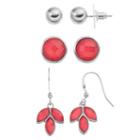 Red Circle, Leaf & Ball Nickel Free Earring Set, Women's