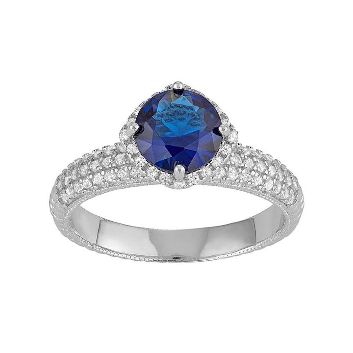 Sterling Silver Simulated Blue Sapphire & Lab-created White Sapphire Halo Ring, Women's, Size: 6
