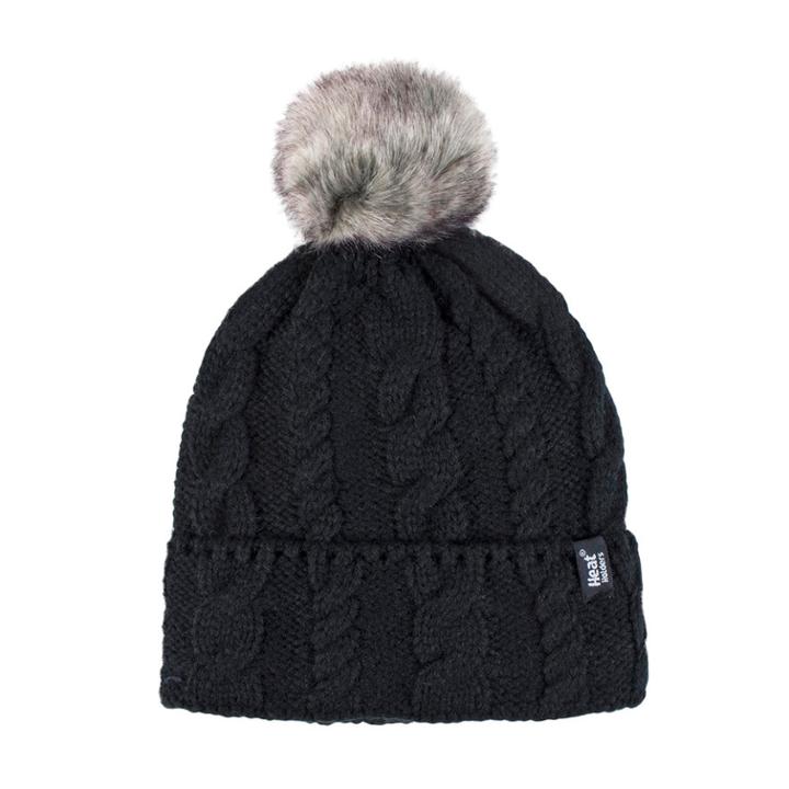 Women's Heat Holders Cable Knit Rolled Pom Pom Beanie, Black