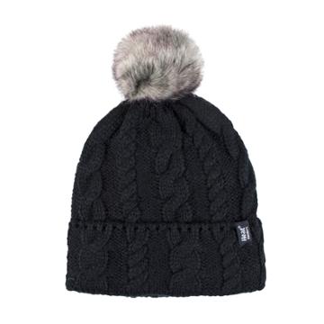 Women's Heat Holders Cable Knit Rolled Pom Pom Beanie, Black