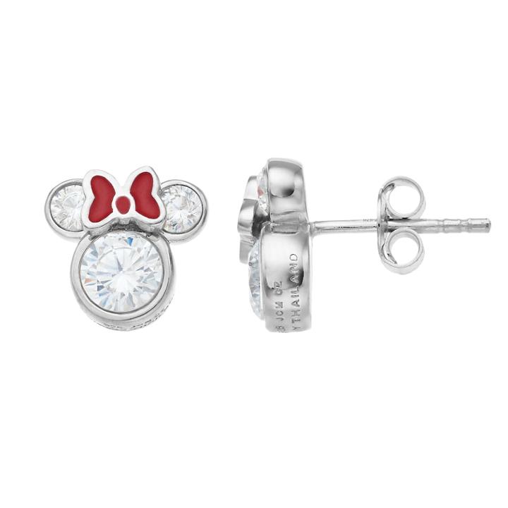 Minnie Mouse Sterling Silver Cubic Zirconia Stud Earrings, Women's, White