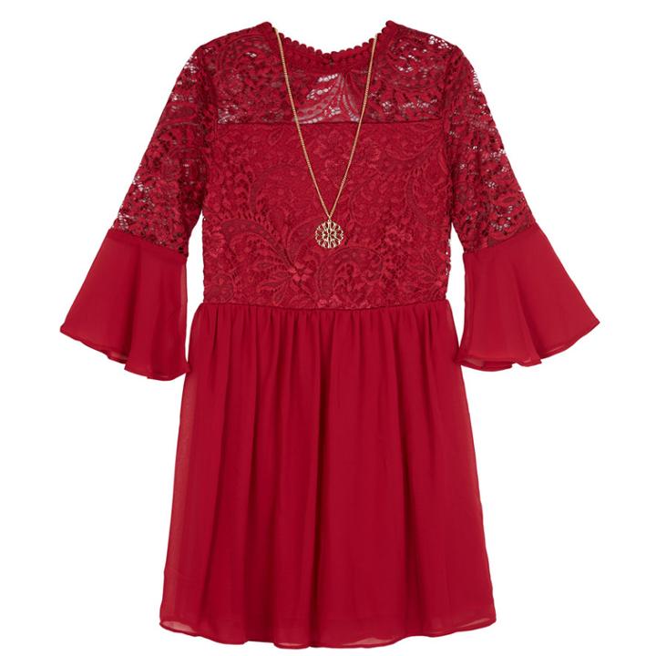 Girls 7-16 Iz Amy Byer Lace Bodice Bell Sleeve Dress With Necklace, Size: 12, Dark Red