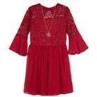 Girls 7-16 Iz Amy Byer Lace Bodice Bell Sleeve Dress With Necklace, Size: 12, Dark Red