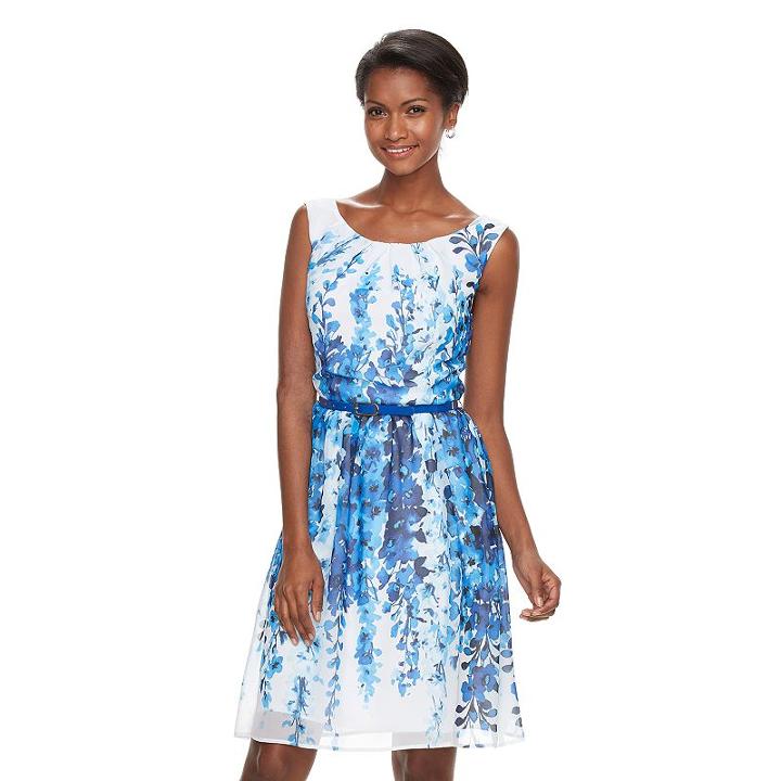 Women's Connected Apparel Floral Fit & Flare Dress, Size: 16, Blue