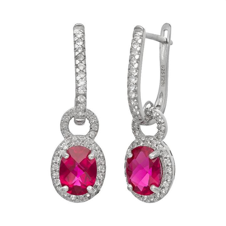 Sterling Silver Lab-created Ruby And Lab-created White Sapphire Oval Halo Drop Earrings, Women's, Red
