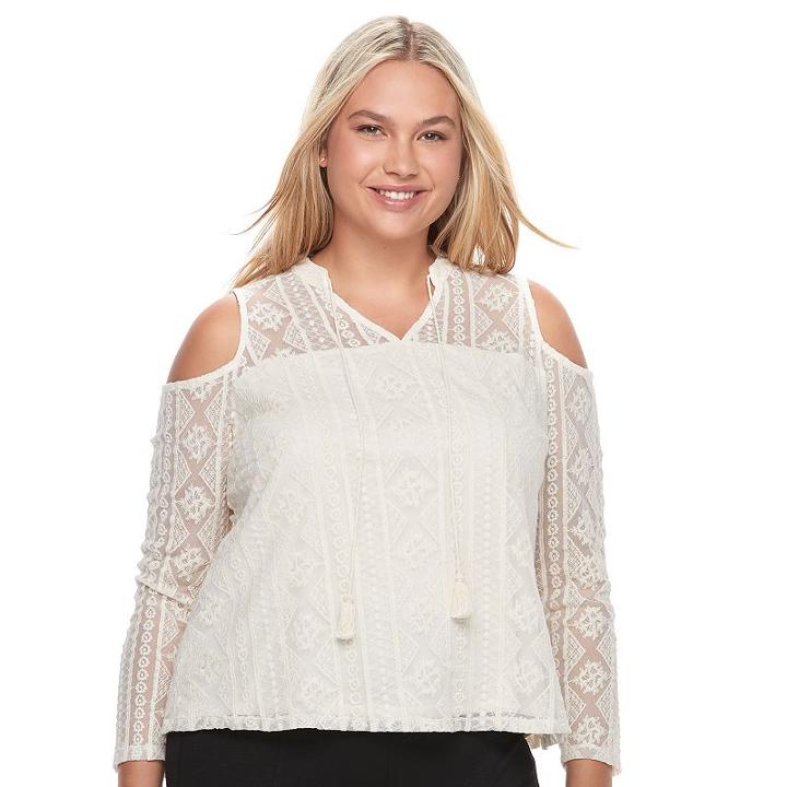 Juniors' Plus Size Mudd&reg; Illusion Lace Cold-shoulder Top, Teens, Size: 2xl, White
