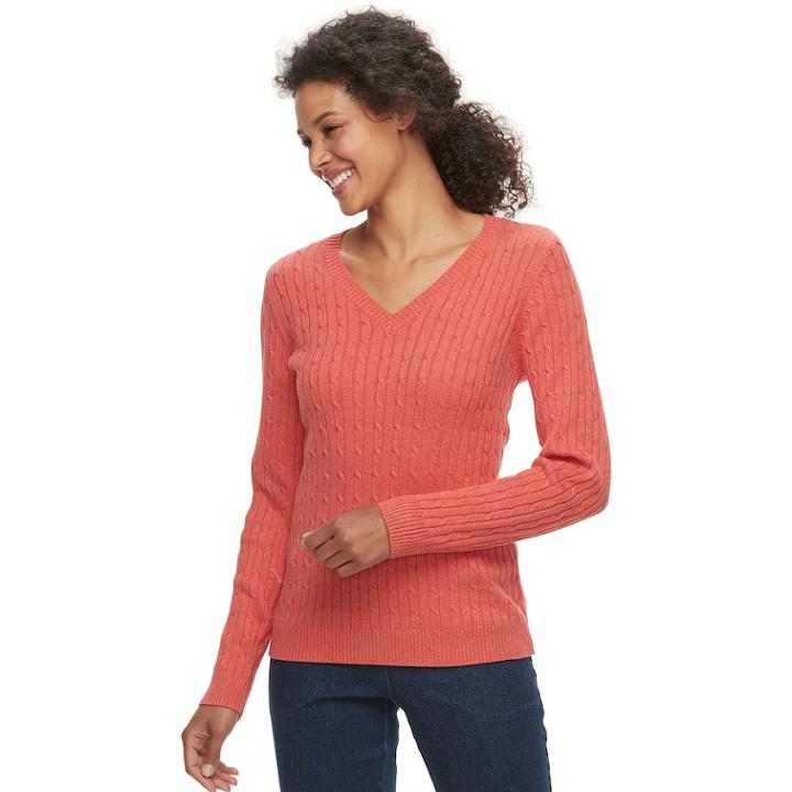 Women's Croft & Barrow&reg; Essential Cable Knit V-neck Sweater, Size: Large, Drk Orange