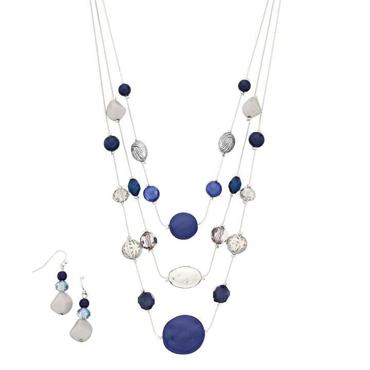 Blue Stone Bead Multi Strand Necklace & Drop Earring Set, Women's, Dark Blue
