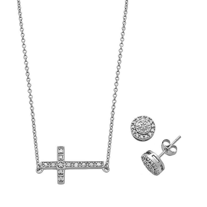 Sterling Silver 1/5 Carat T.w. Diamond Sideways Cross Necklace & Halo Stud Earring Set, Women's, Size: 18, White
