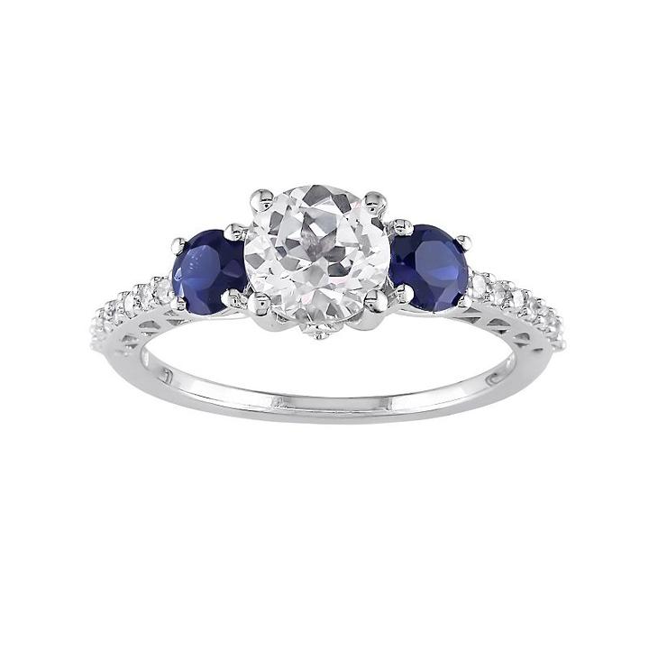 Lab-created Blue And White Sapphire And Diamond 3-stone Engagement Ring In 10k White Gold (.14 Ct. T.w.), Women's, Size: 9