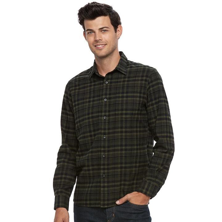 Men's Apt. 9&reg; Modern-fit Plaid Brushed Flannel Button-down Shirt, Size: Small, Dark Green