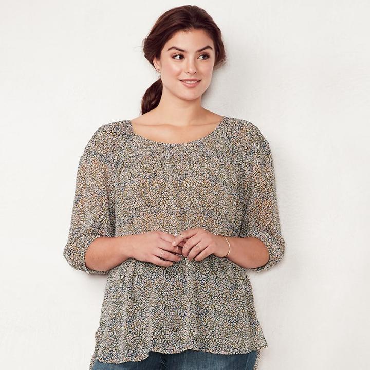 Plus Size Lc Lauren Conrad Printed Chiffon Peasant Top, Women's, Size: 1xl, Dark Blue