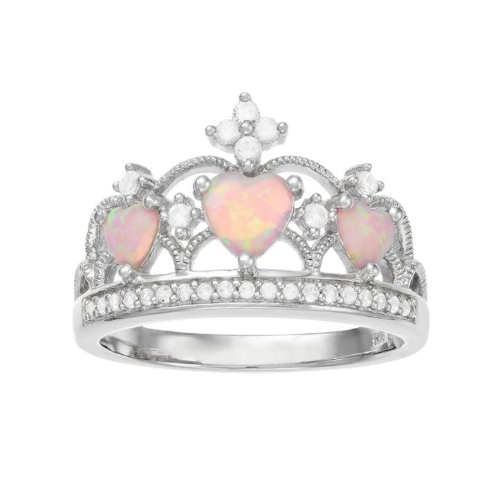 Sterling Silver Lab-created Pink Opal & White Sapphire Crown Ring, Women's, Size: 7