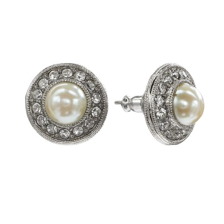 1928 Crystal & Simulated Pearl Halo Stud Earrings, Women's, Grey