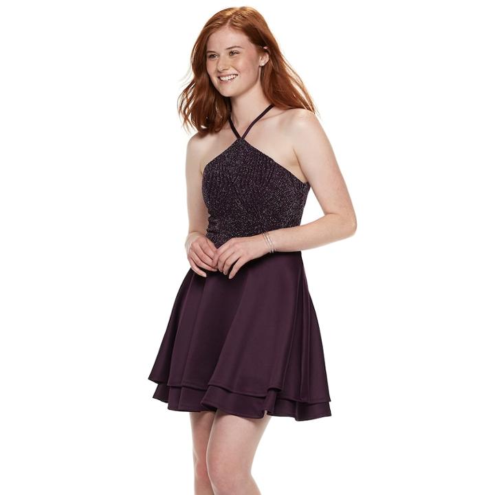Juniors' Speechless Glitter Tiered Halter Scuba Dress, Teens, Size: 7, Drk Purple