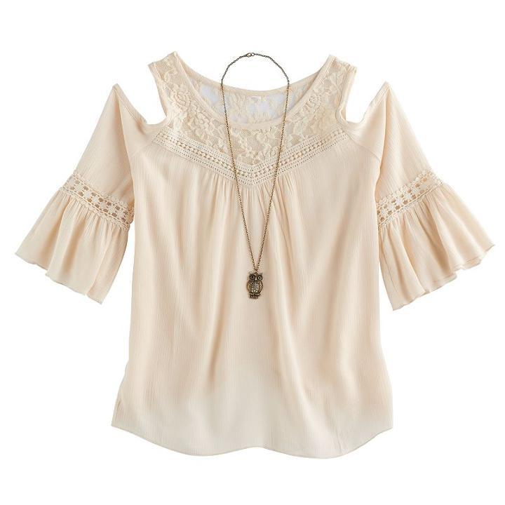 Girls 7-16 Knitworks Cold Shoulder Bell Sleeve Top With Necklace, Size: Medium, Beig/green (beig/khaki)