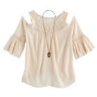Girls 7-16 Knitworks Cold Shoulder Bell Sleeve Top With Necklace, Size: Medium, Beig/green (beig/khaki)