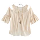 Girls 7-16 Knitworks Cold Shoulder Bell Sleeve Top With Necklace, Size: Medium, Beig/green (beig/khaki)