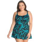 Plus Size Great Lengths Tummy Slimmer Printed Empire Swimdress, Women's, Size: 24, Turquoise/blue (turq/aqua)
